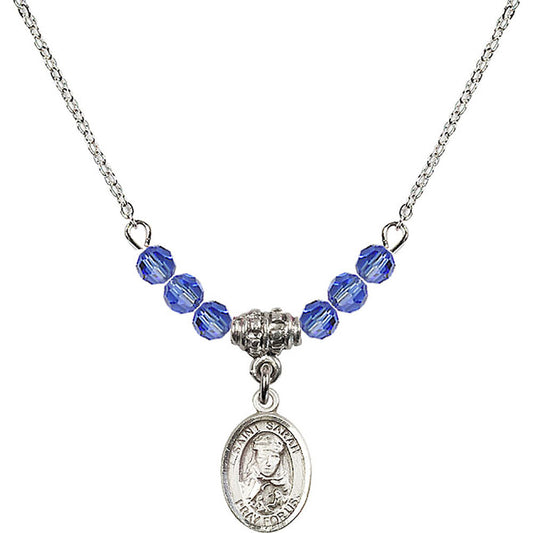 Sterling Silver Saint Sarah Birthstone Necklace with Sapphire Beads - 9097