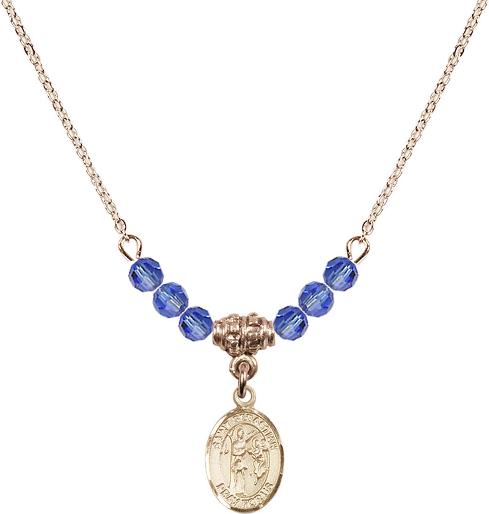 14kt Gold Filled Saint Sebastian Birthstone Necklace with Sapphire Beads - 9100
