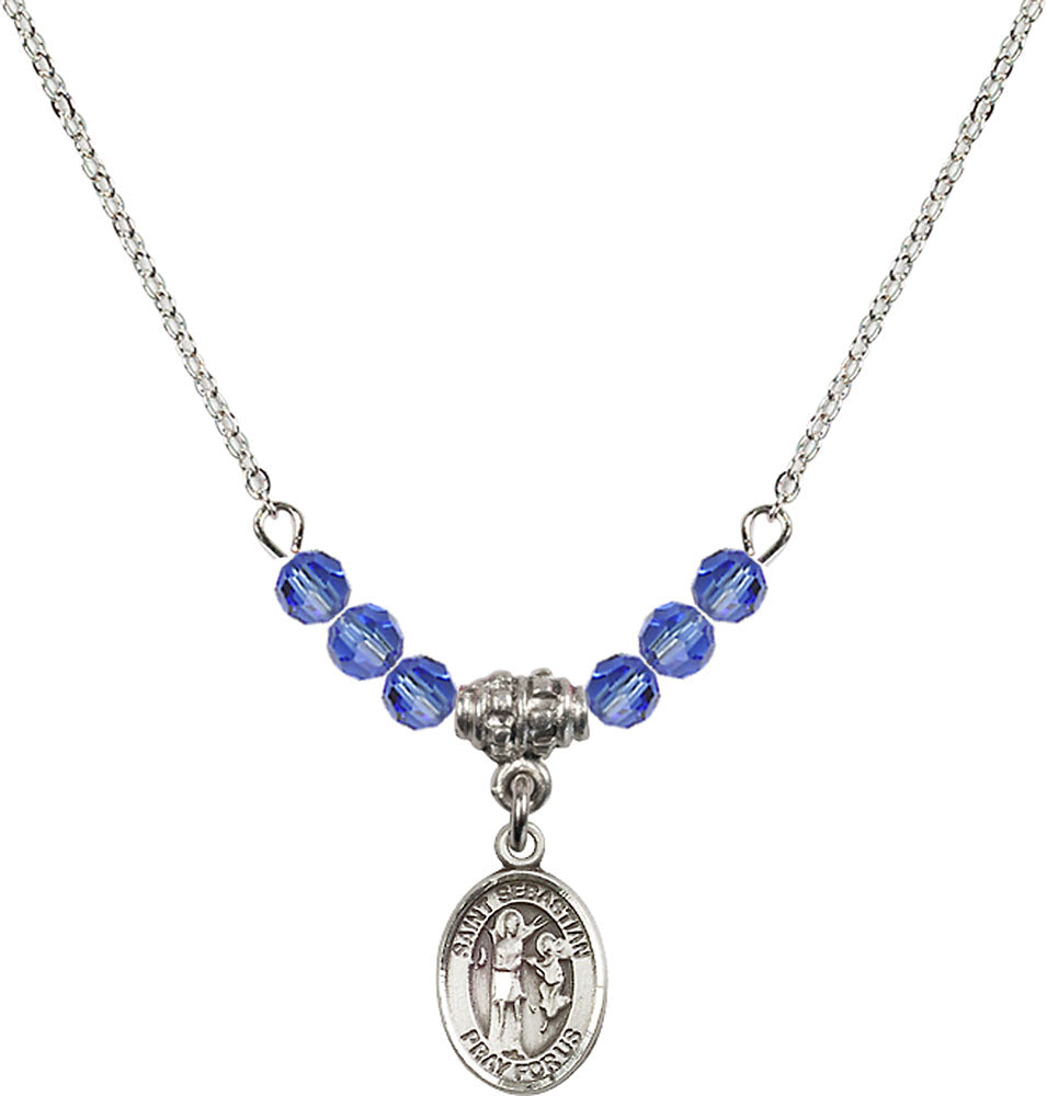 Sterling Silver Saint Sebastian Birthstone Necklace with Sapphire Beads - 9100
