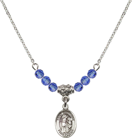 Sterling Silver Saint Sebastian Birthstone Necklace with Sapphire Beads - 9100