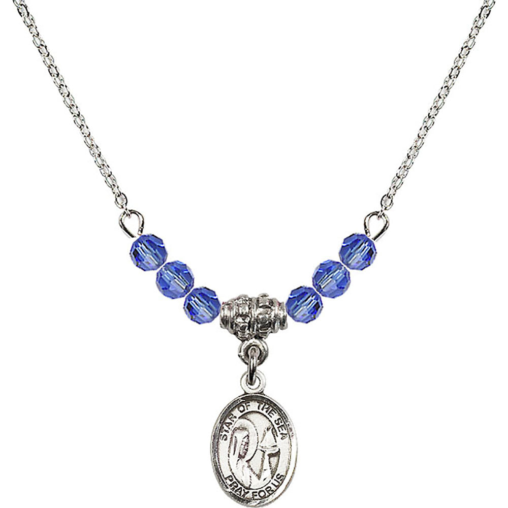 Sterling Silver Our Lady Star of the Sea Birthstone Necklace with Sapphire Beads - 9101