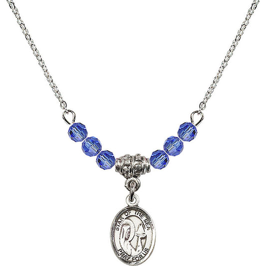 Sterling Silver Our Lady Star of the Sea Birthstone Necklace with Sapphire Beads - 9101