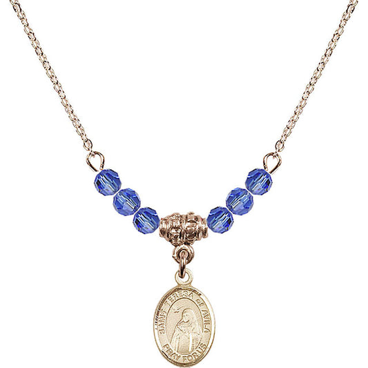 14kt Gold Filled Saint Teresa of Avila Birthstone Necklace with Sapphire Beads - 9102