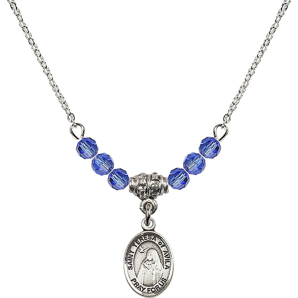 Sterling Silver Saint Teresa of Avila Birthstone Necklace with Sapphire Beads - 9102