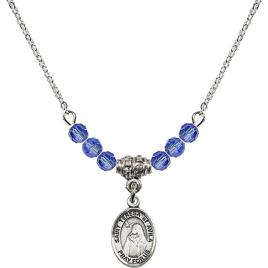 Sterling Silver Saint Teresa of Avila Birthstone Necklace with Sapphire Beads - 9102