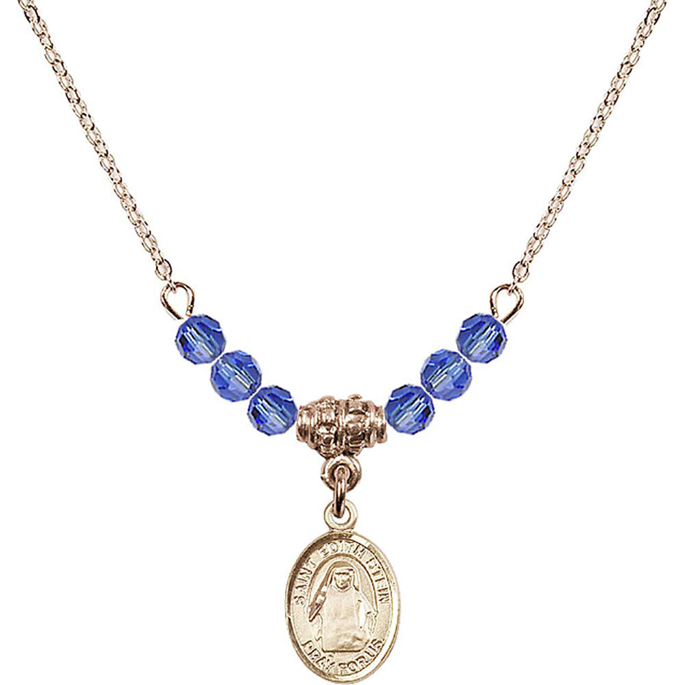 14kt Gold Filled Saint Edith Stein Birthstone Necklace with Sapphire Beads - 9103