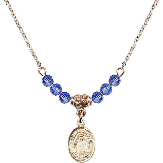 14kt Gold Filled Saint Edith Stein Birthstone Necklace with Sapphire Beads - 9103