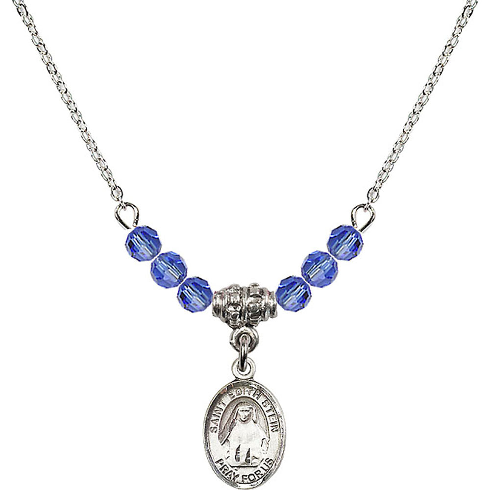 Sterling Silver Saint Edith Stein Birthstone Necklace with Sapphire Beads - 9103