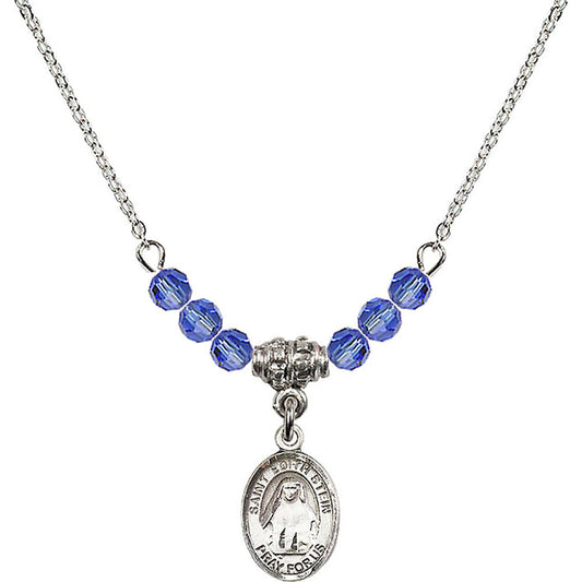 Sterling Silver Saint Edith Stein Birthstone Necklace with Sapphire Beads - 9103