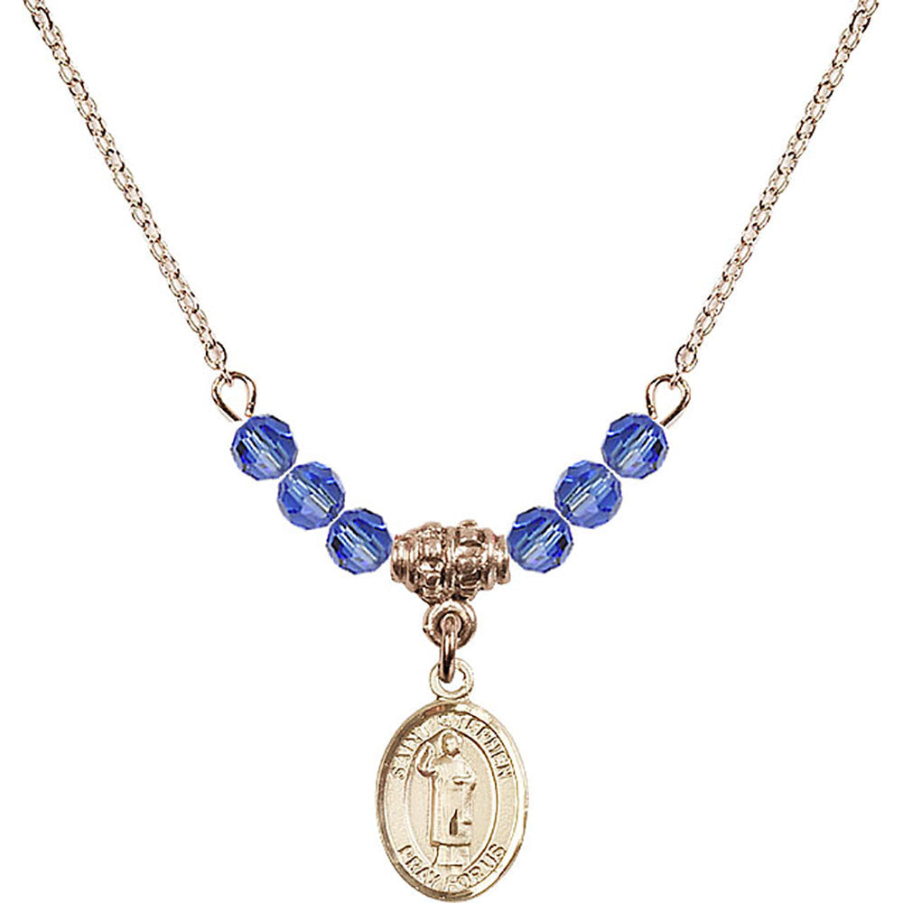 14kt Gold Filled Saint Stephen the Martyr Birthstone Necklace with Sapphire Beads - 9104