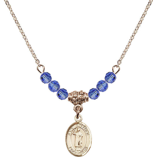 14kt Gold Filled Saint Stephen the Martyr Birthstone Necklace with Sapphire Beads - 9104