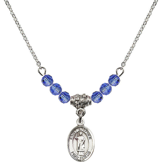 Sterling Silver Saint Stephen the Martyr Birthstone Necklace with Sapphire Beads - 9104
