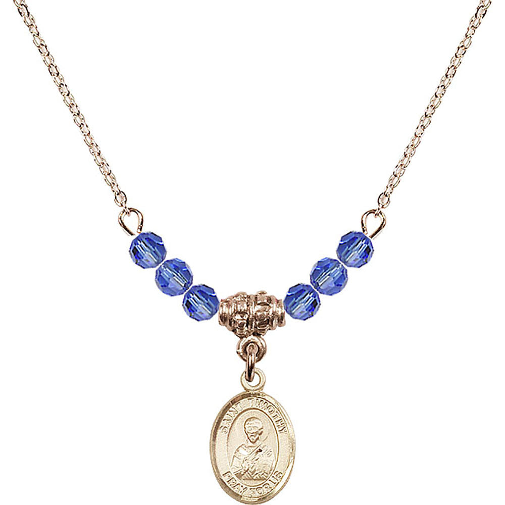 14kt Gold Filled Saint Timothy Birthstone Necklace with Sapphire Beads - 9105