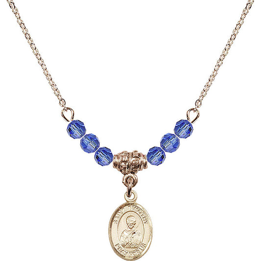 14kt Gold Filled Saint Timothy Birthstone Necklace with Sapphire Beads - 9105