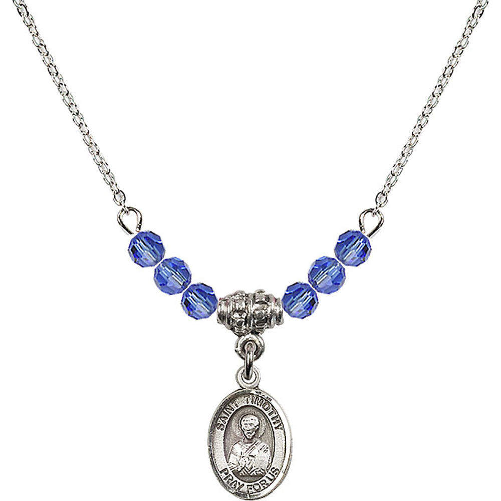 Sterling Silver Saint Timothy Birthstone Necklace with Sapphire Beads - 9105