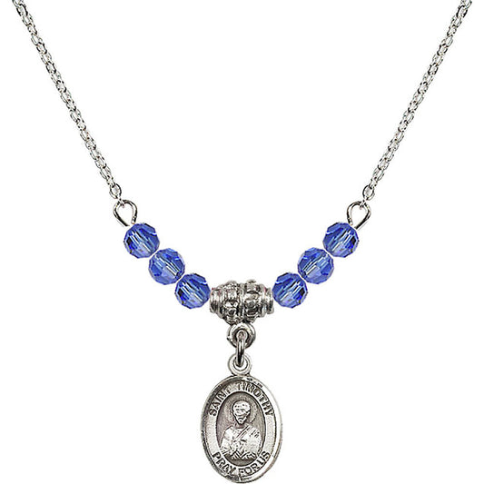 Sterling Silver Saint Timothy Birthstone Necklace with Sapphire Beads - 9105