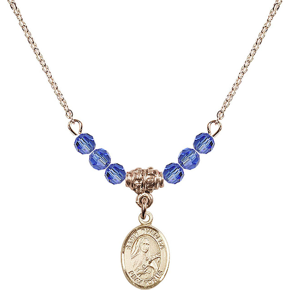 14kt Gold Filled Saint Theresa Birthstone Necklace with Sapphire Beads - 9106