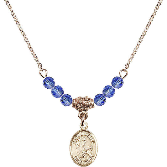14kt Gold Filled Saint Theresa Birthstone Necklace with Sapphire Beads - 9106