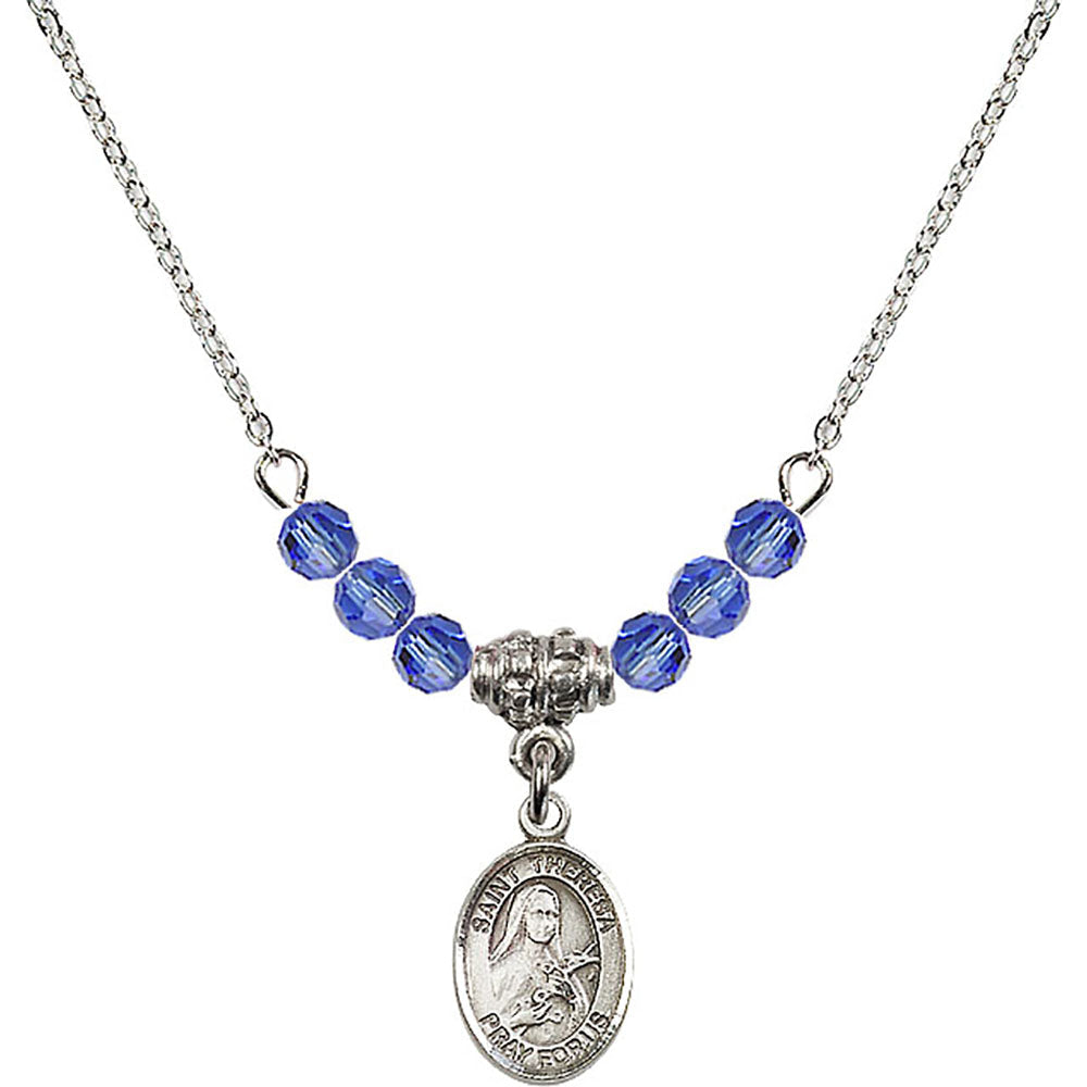 Sterling Silver Saint Theresa Birthstone Necklace with Sapphire Beads - 9106