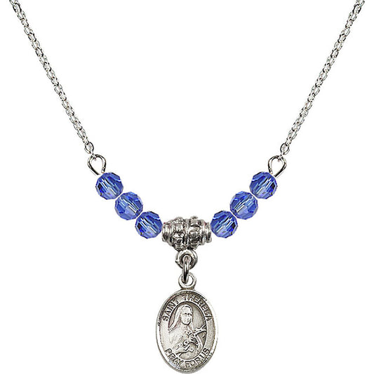 Sterling Silver Saint Theresa Birthstone Necklace with Sapphire Beads - 9106