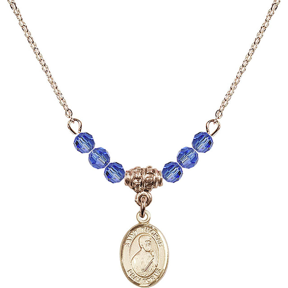 14kt Gold Filled Saint Thomas the Apostle Birthstone Necklace with Sapphire Beads - 9107
