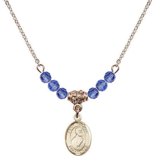 14kt Gold Filled Saint Thomas the Apostle Birthstone Necklace with Sapphire Beads - 9107