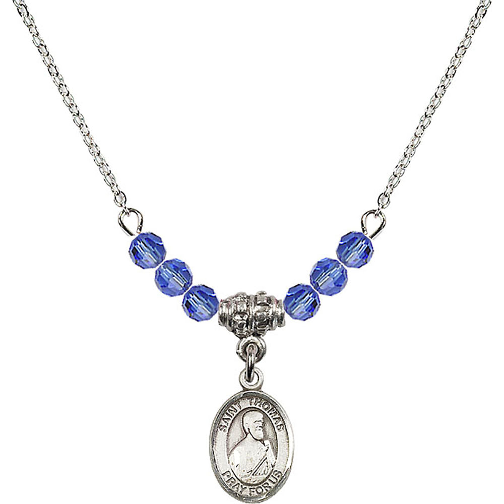 Sterling Silver Saint Thomas the Apostle Birthstone Necklace with Sapphire Beads - 9107