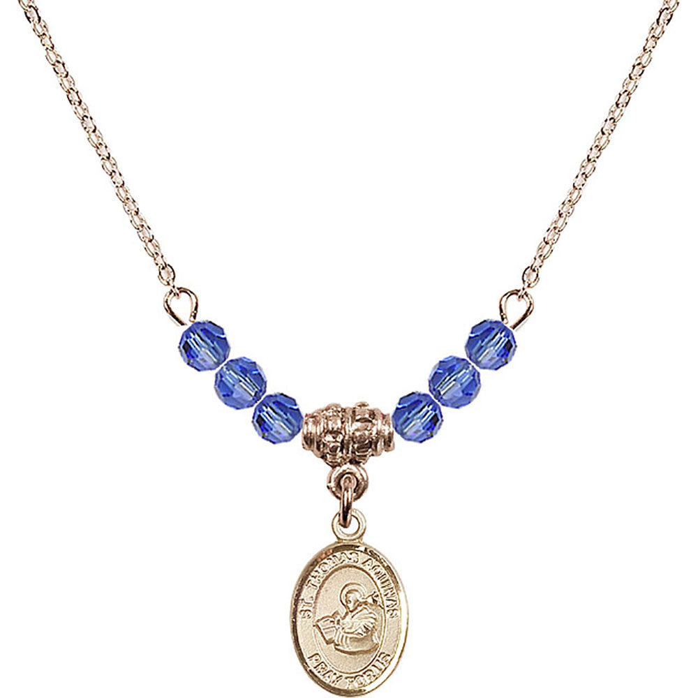 14kt Gold Filled Saint Thomas Aquinas Birthstone Necklace with Sapphire Beads - 9108