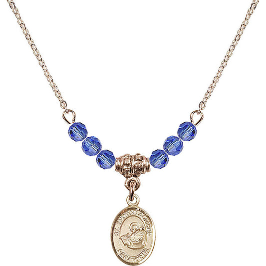 14kt Gold Filled Saint Thomas Aquinas Birthstone Necklace with Sapphire Beads - 9108