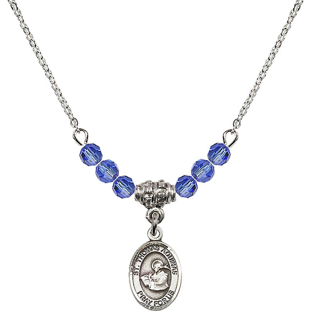 Sterling Silver Saint Thomas Aquinas Birthstone Necklace with Sapphire Beads - 9108