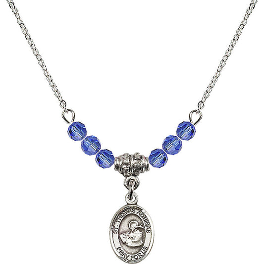 Sterling Silver Saint Thomas Aquinas Birthstone Necklace with Sapphire Beads - 9108