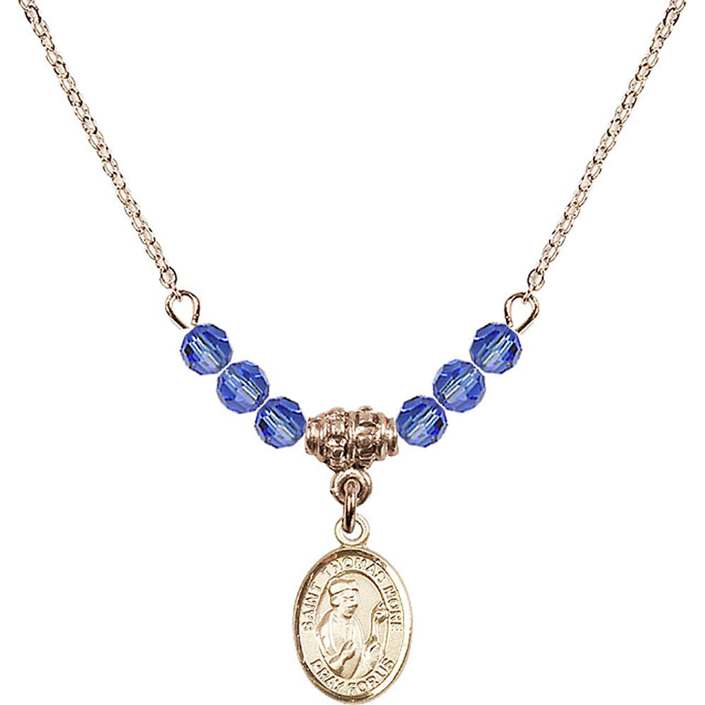 14kt Gold Filled Saint Thomas More Birthstone Necklace with Sapphire Beads - 9109