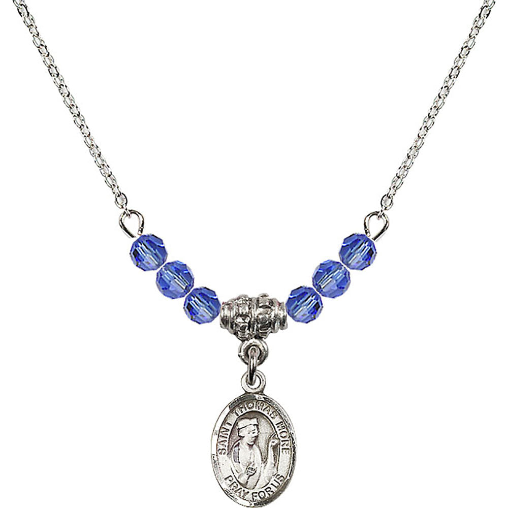 Sterling Silver Saint Thomas More Birthstone Necklace with Sapphire Beads - 9109