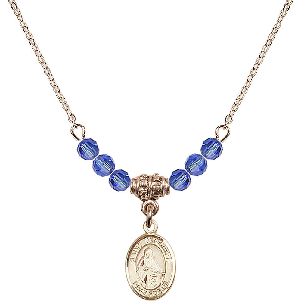 14kt Gold Filled Saint Veronica Birthstone Necklace with Sapphire Beads - 9110