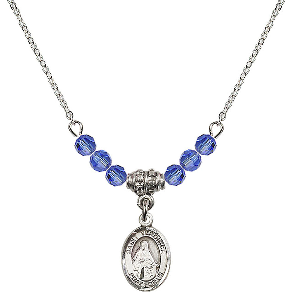 Sterling Silver Saint Veronica Birthstone Necklace with Sapphire Beads - 9110