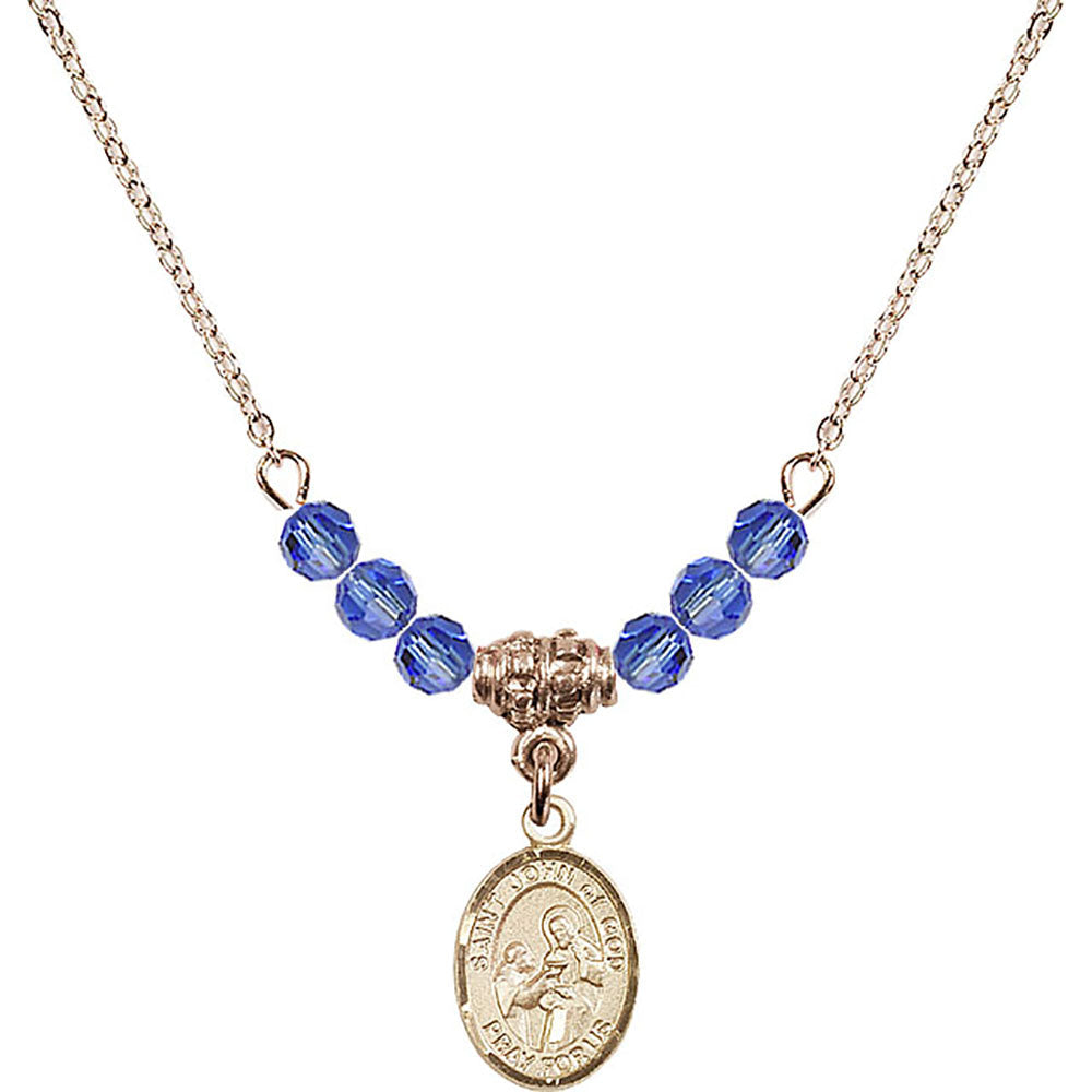 14kt Gold Filled Saint John of God Birthstone Necklace with Sapphire Beads - 9112