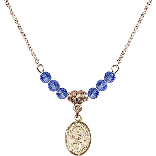 14kt Gold Filled Saint John of God Birthstone Necklace with Sapphire Beads - 9112