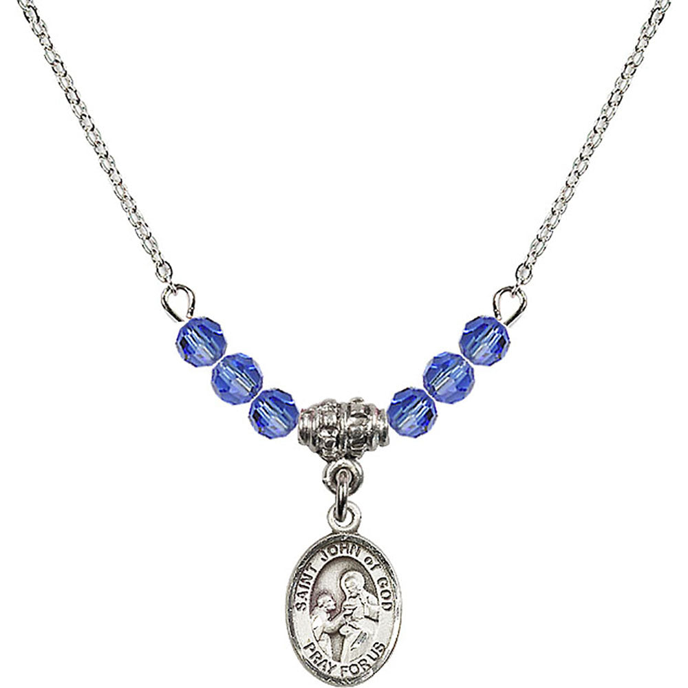Sterling Silver Saint John of God Birthstone Necklace with Sapphire Beads - 9112