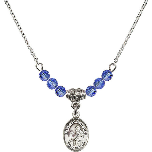 Sterling Silver Saint John of God Birthstone Necklace with Sapphire Beads - 9112