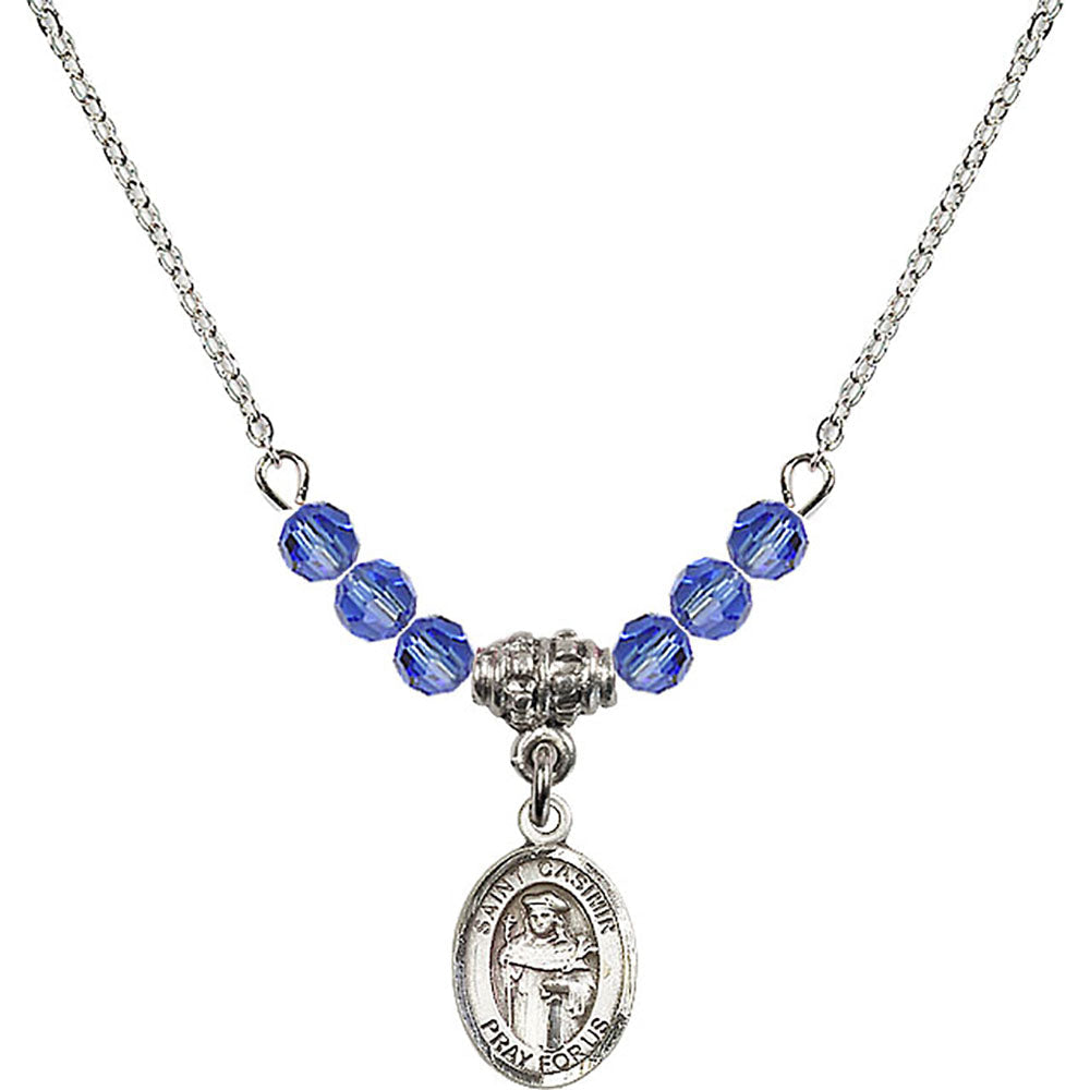 Sterling Silver Saint Casimir of Poland Birthstone Necklace with Sapphire Beads - 9113
