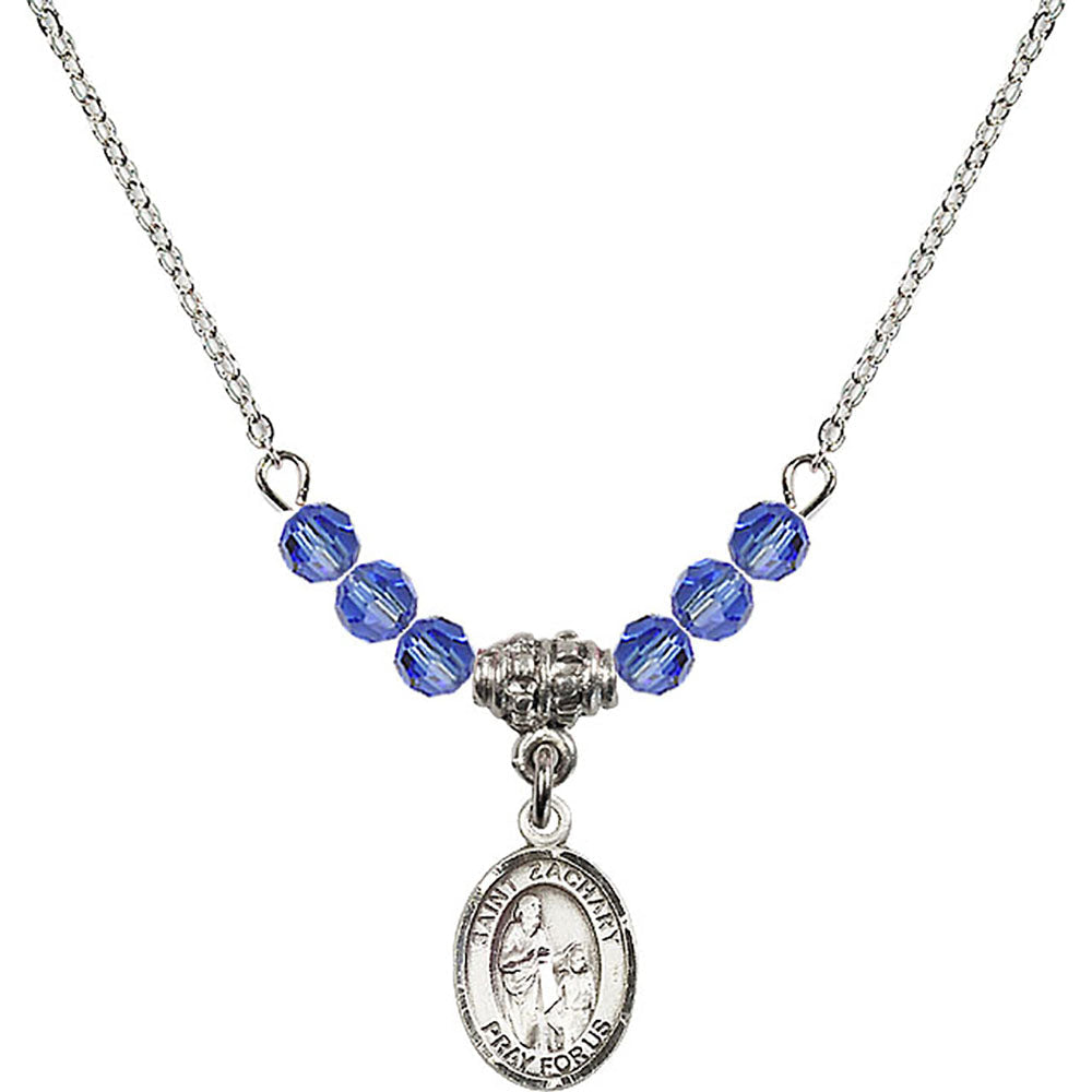 Sterling Silver Saint Zachary Birthstone Necklace with Sapphire Beads - 9116