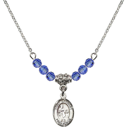 Sterling Silver Saint Zachary Birthstone Necklace with Sapphire Beads - 9116