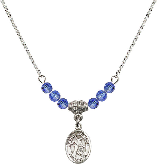 Sterling Silver Guardian Angel w/Child Birthstone Necklace with Sapphire Beads - 9118