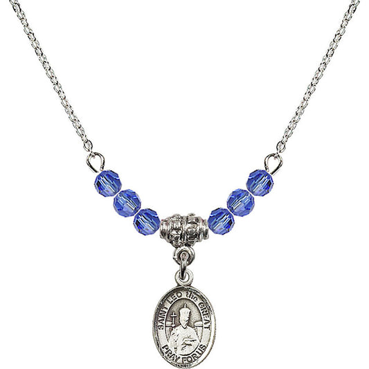 Sterling Silver Saint Leo the Great Birthstone Necklace with Sapphire Beads - 9120