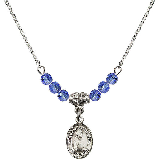 Sterling Silver Saint Pio of Pietrelcina Birthstone Necklace with Sapphire Beads - 9125