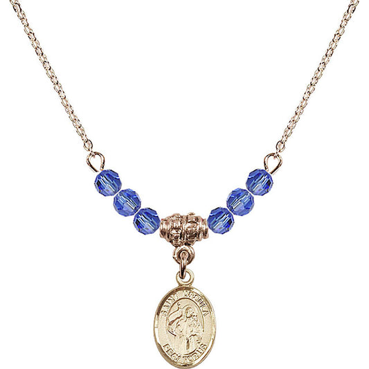 14kt Gold Filled Saint Ursula Birthstone Necklace with Sapphire Beads - 9127