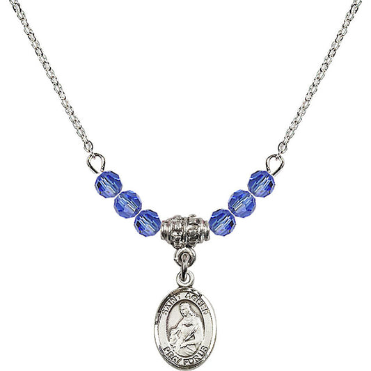 Sterling Silver Saint Agnes of Rome Birthstone Necklace with Sapphire Beads - 9128