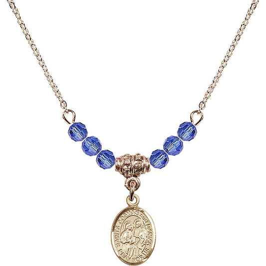 14kt Gold Filled Saints Cosmas & Damian Birthstone Necklace with Sapphire Beads - 9132