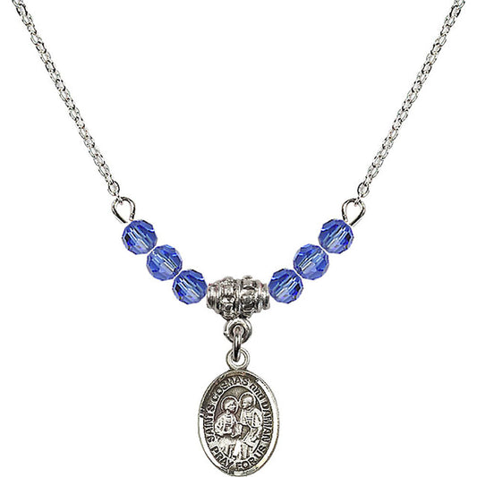 Sterling Silver Saints Cosmas & Damian Birthstone Necklace with Sapphire Beads - 9132