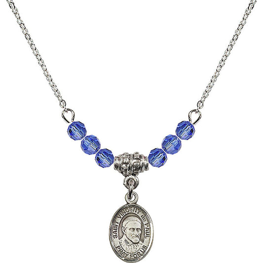 Sterling Silver Saint Vincent De Paul Birthstone Necklace with Sapphire Beads - 9134